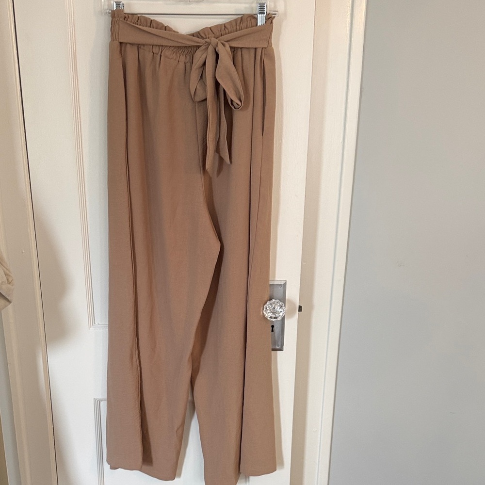 Tan Wide-Leg Pants with Tie Waist - Picture 5 of 5